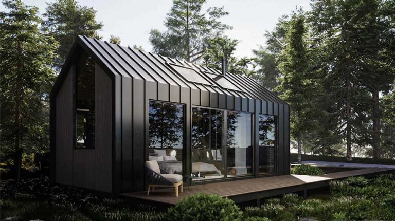 Modern cabin in forest — tiny home from steel